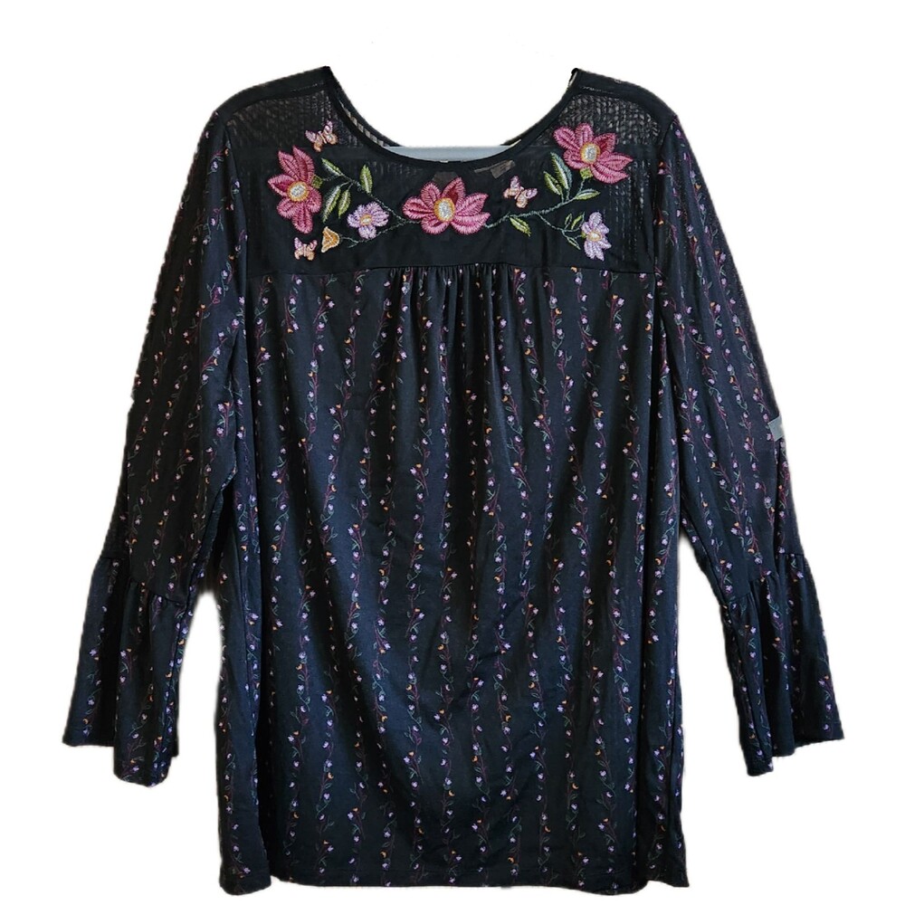 Style & Co Woman's Blouse Size 2X Black Sheer Floral Pullover Embroidery EUC